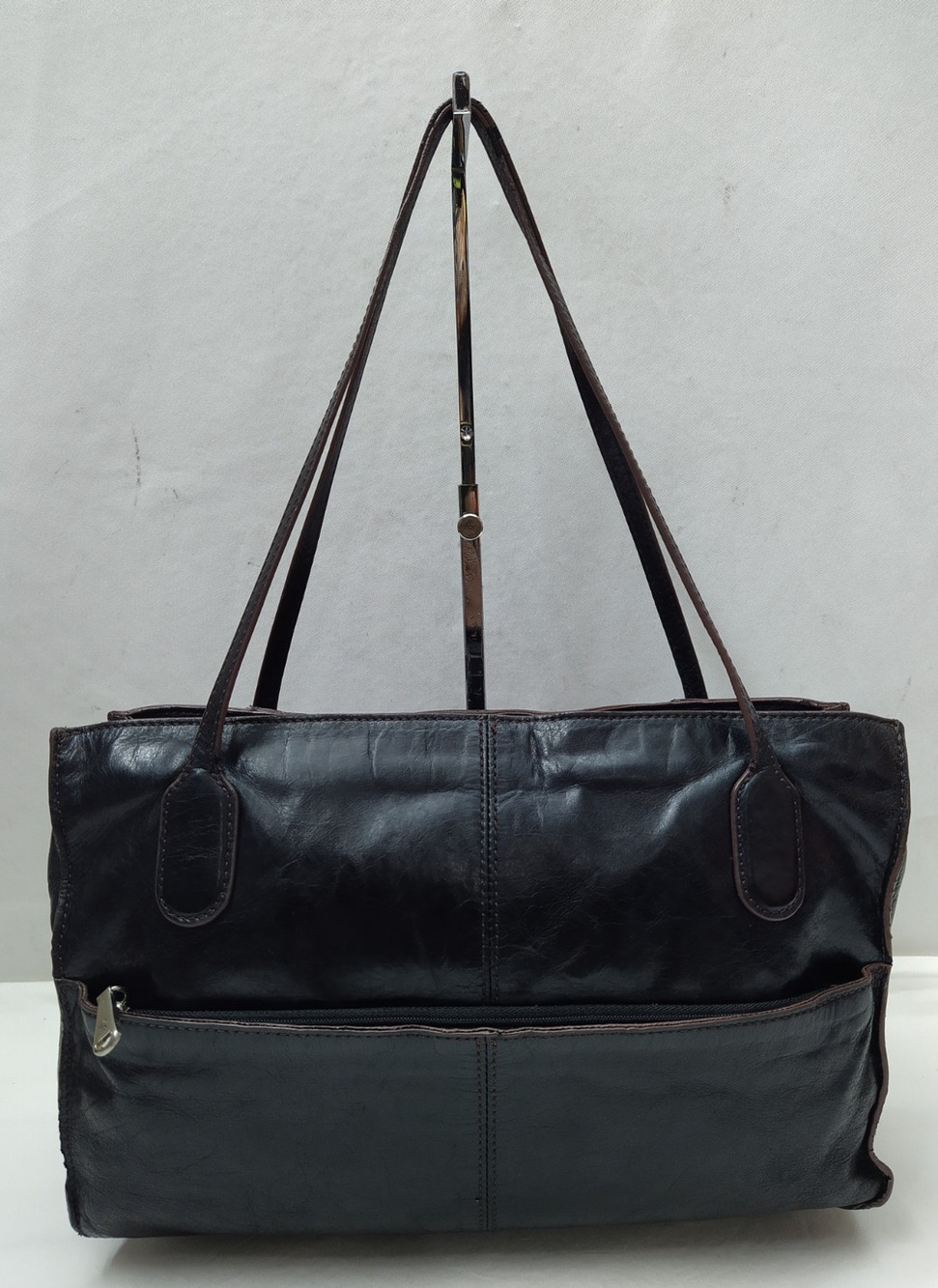 HOBO Black Soft Leather Brown Piping Double Handles Zipper Closure Satchel Bag